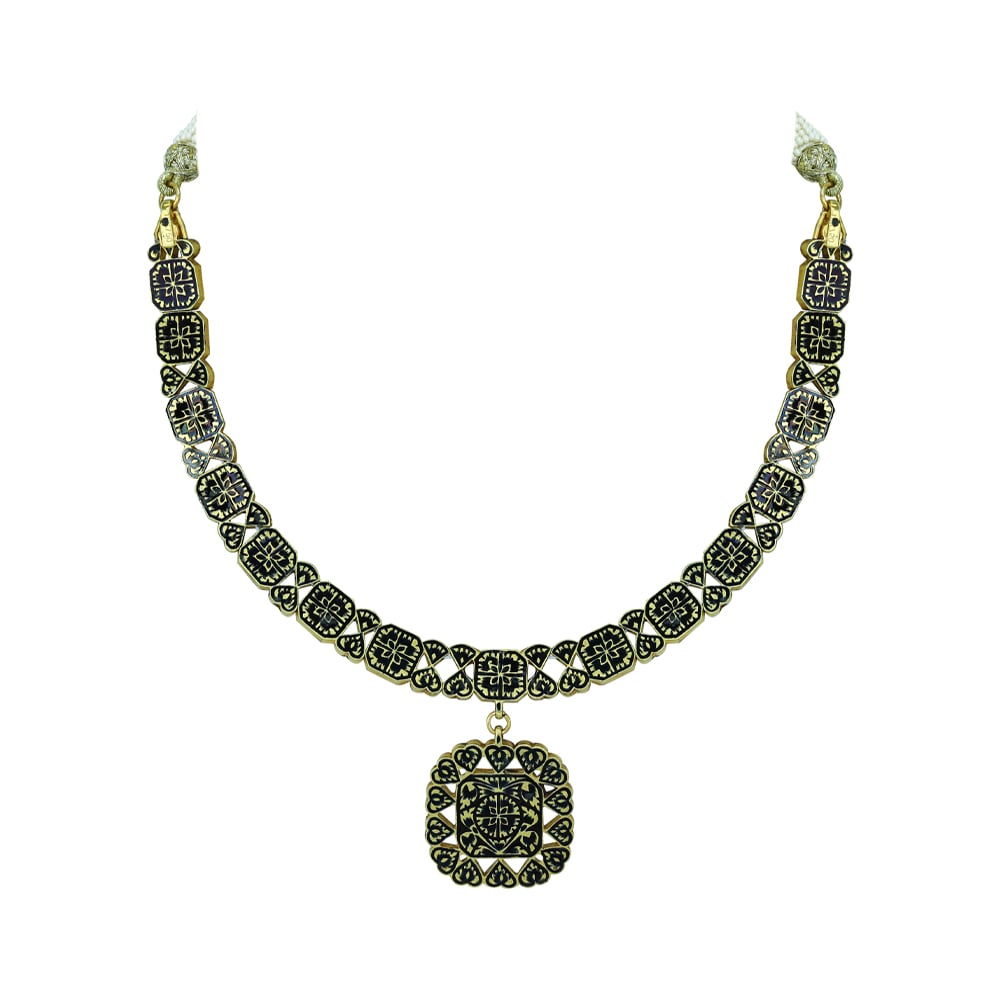 Polki Necklace with Black Enamel Squares and Central Pendant